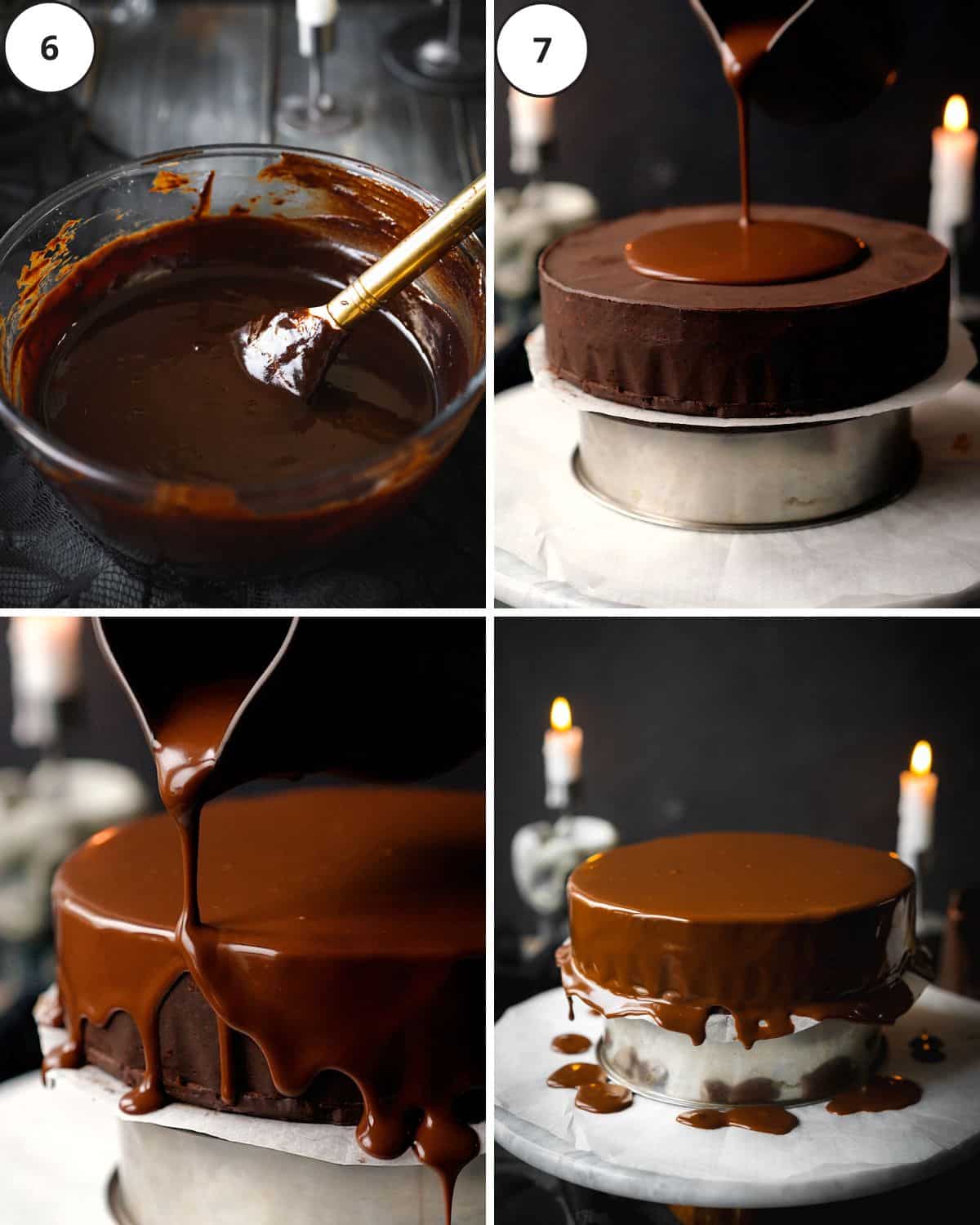 pouring chocolate glaze over a biscuit cake.