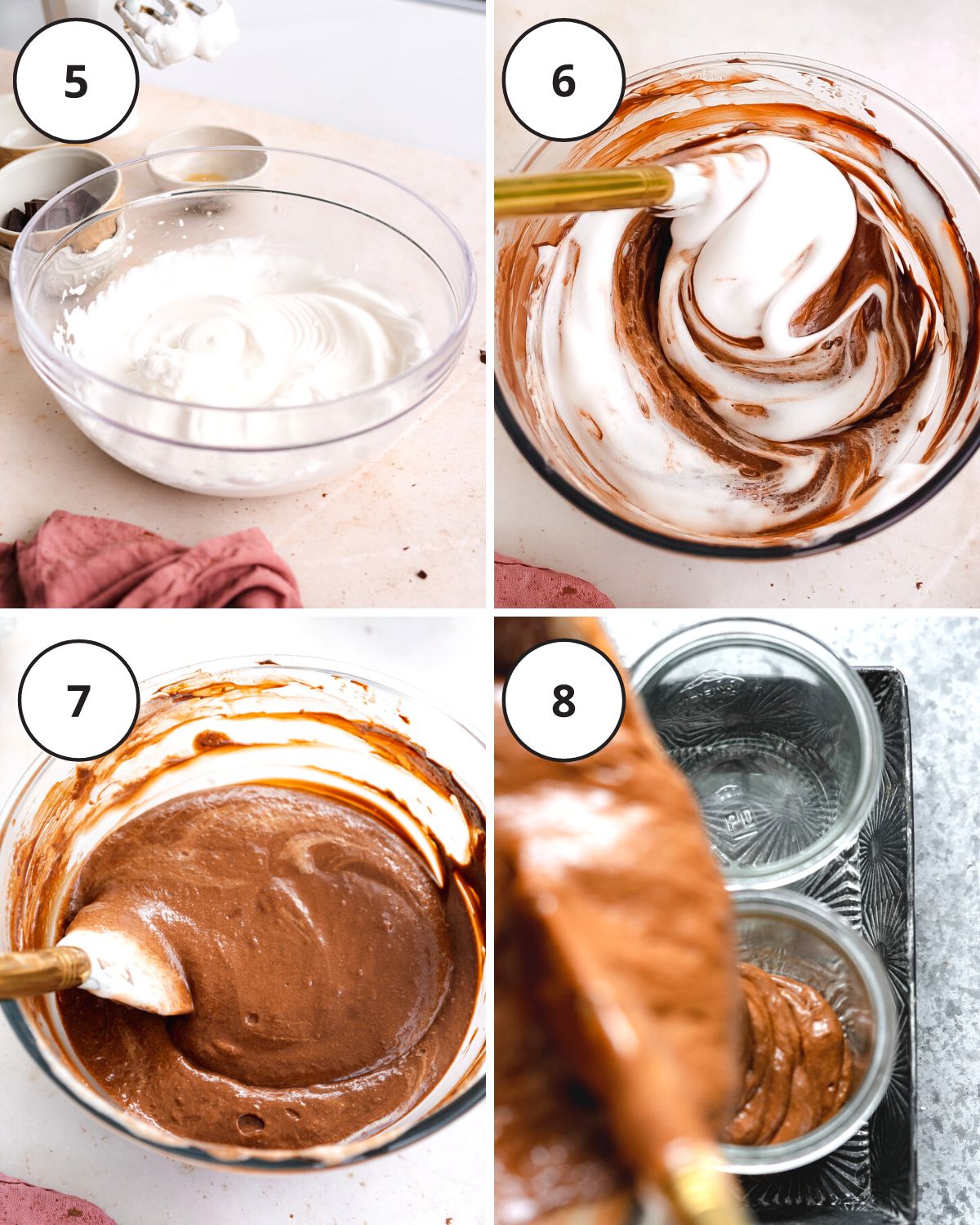 whipped aquafaba being folded into melted chocolate in a large mixing bowl.
