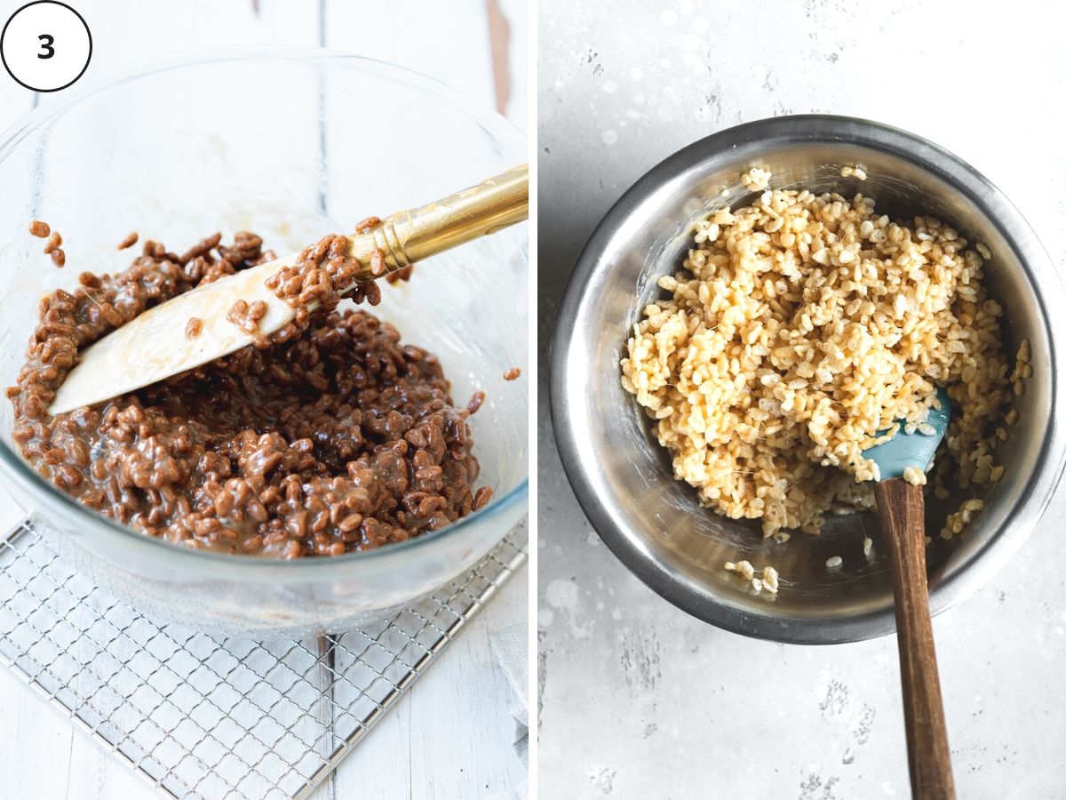 mixing caramel and coco pops and rice krispies in a large mixing bowl.