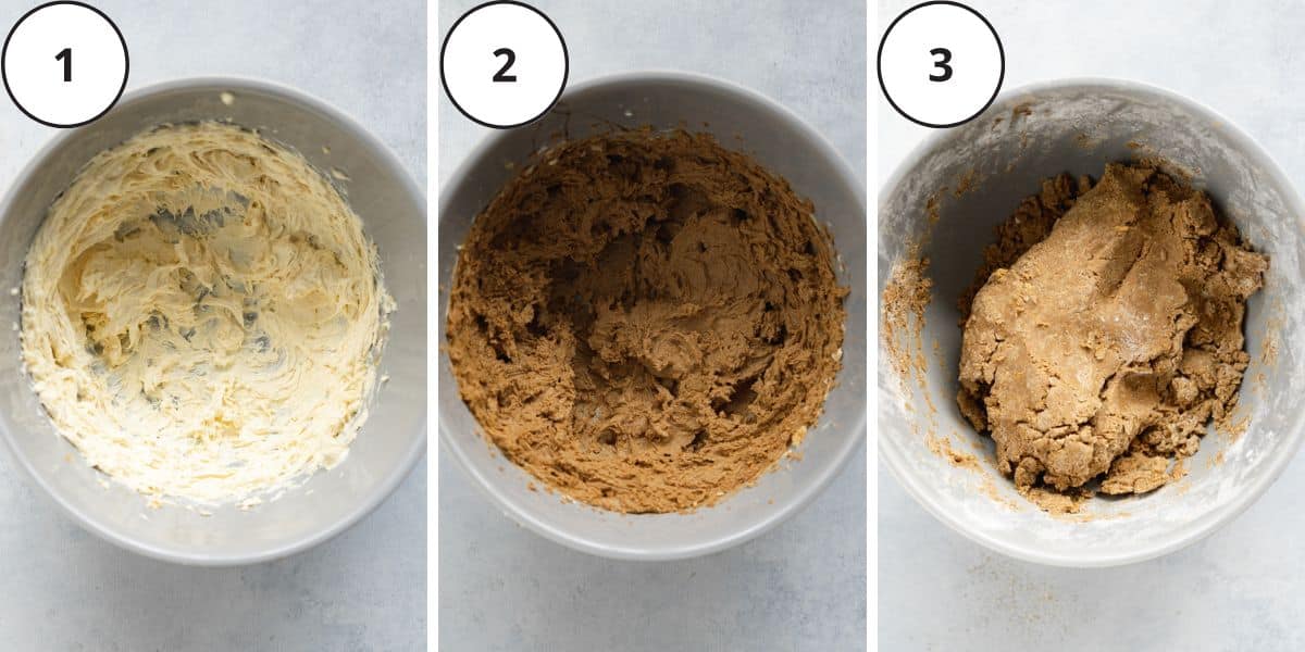 gingerbread cookie dough in a grey mixing bowl.