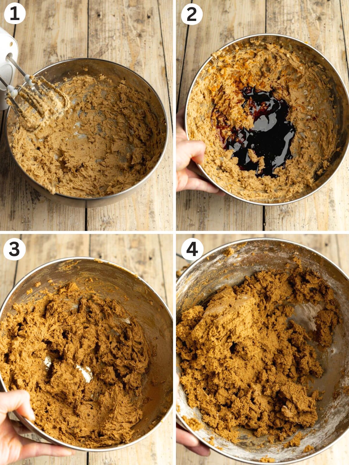 Step-by-step photos showing vegan gingerbread cookie dough being prepared by mixing the ingredients, adding molasses, and combining with flour.
