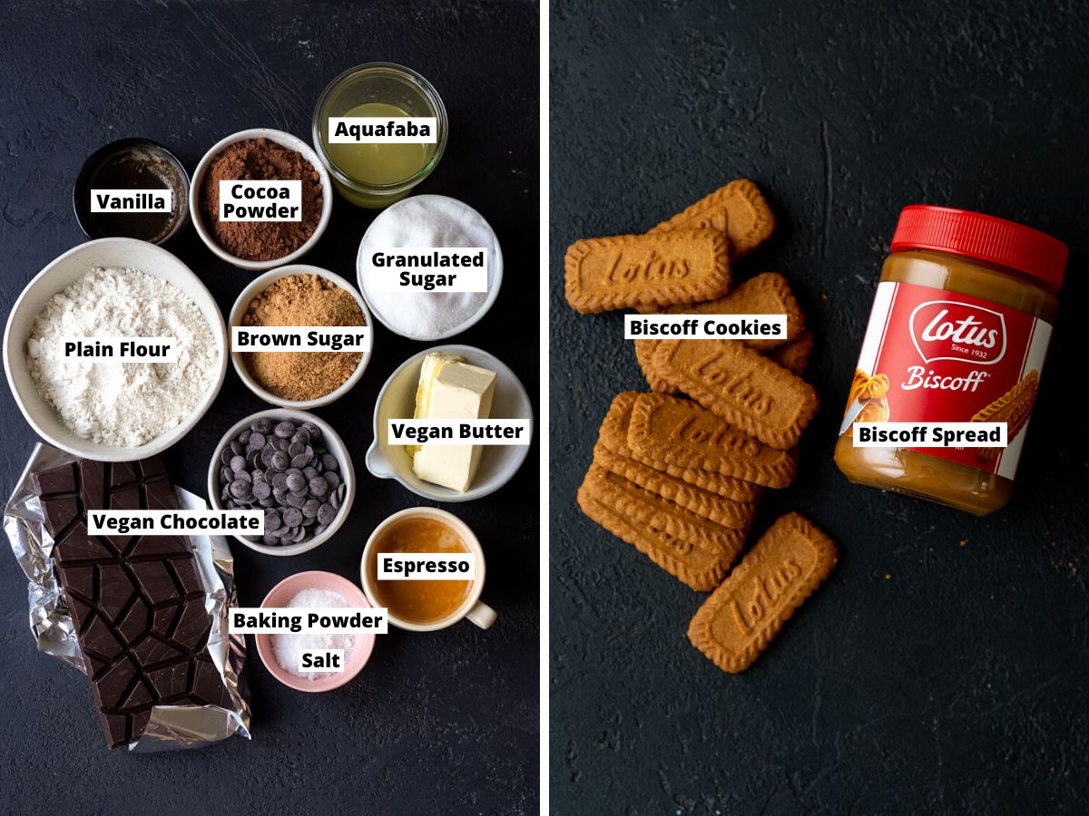 ingredients for biscoff brownies measured out in bowls and laid flat on a black surface.