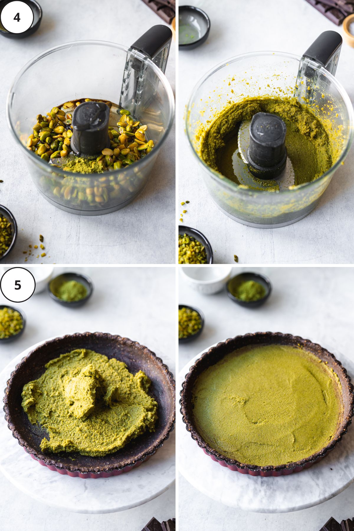 pistachio paste in a food processor and in the base of a chocolate tart.