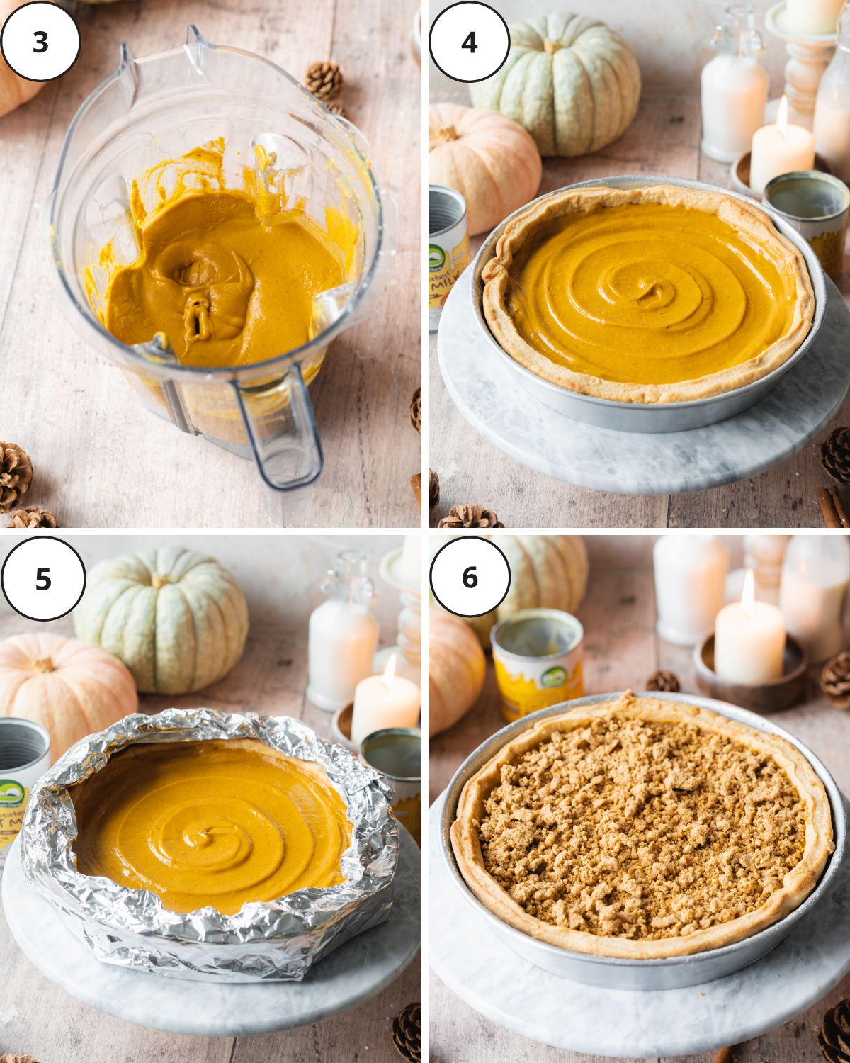 pumpkin pie filling in a blender jug and in a pie crust with crumble topping.