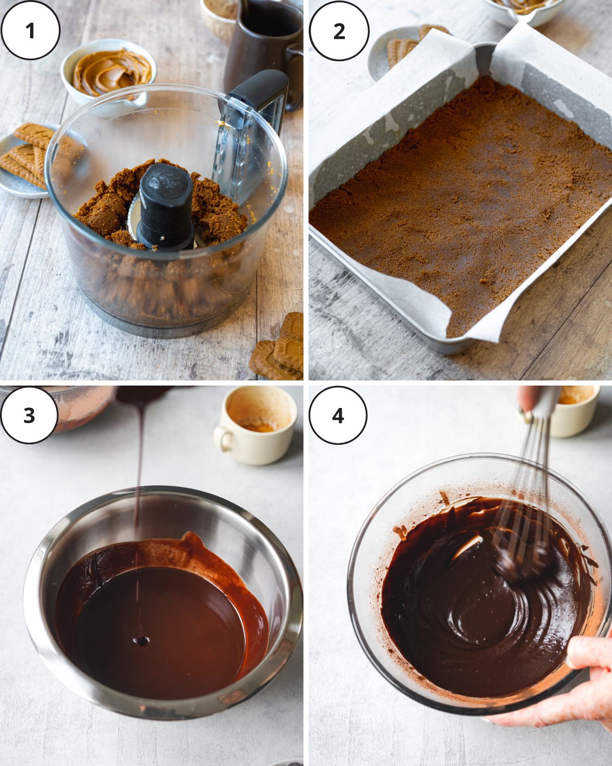 4 images showing biscoff cookies in a food processor, biscoff cookies in the base of a baking tin, and melted chocolate in a clear bowl.