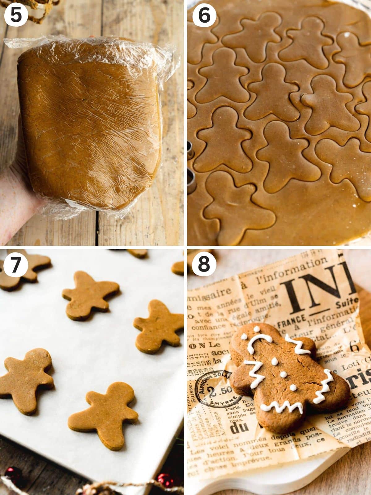 Step-by-step photos showing vegan gingerbread cookie dough wrapped for chilling, rolled out and cut into gingerbread men, baked, and decorated with white icing.