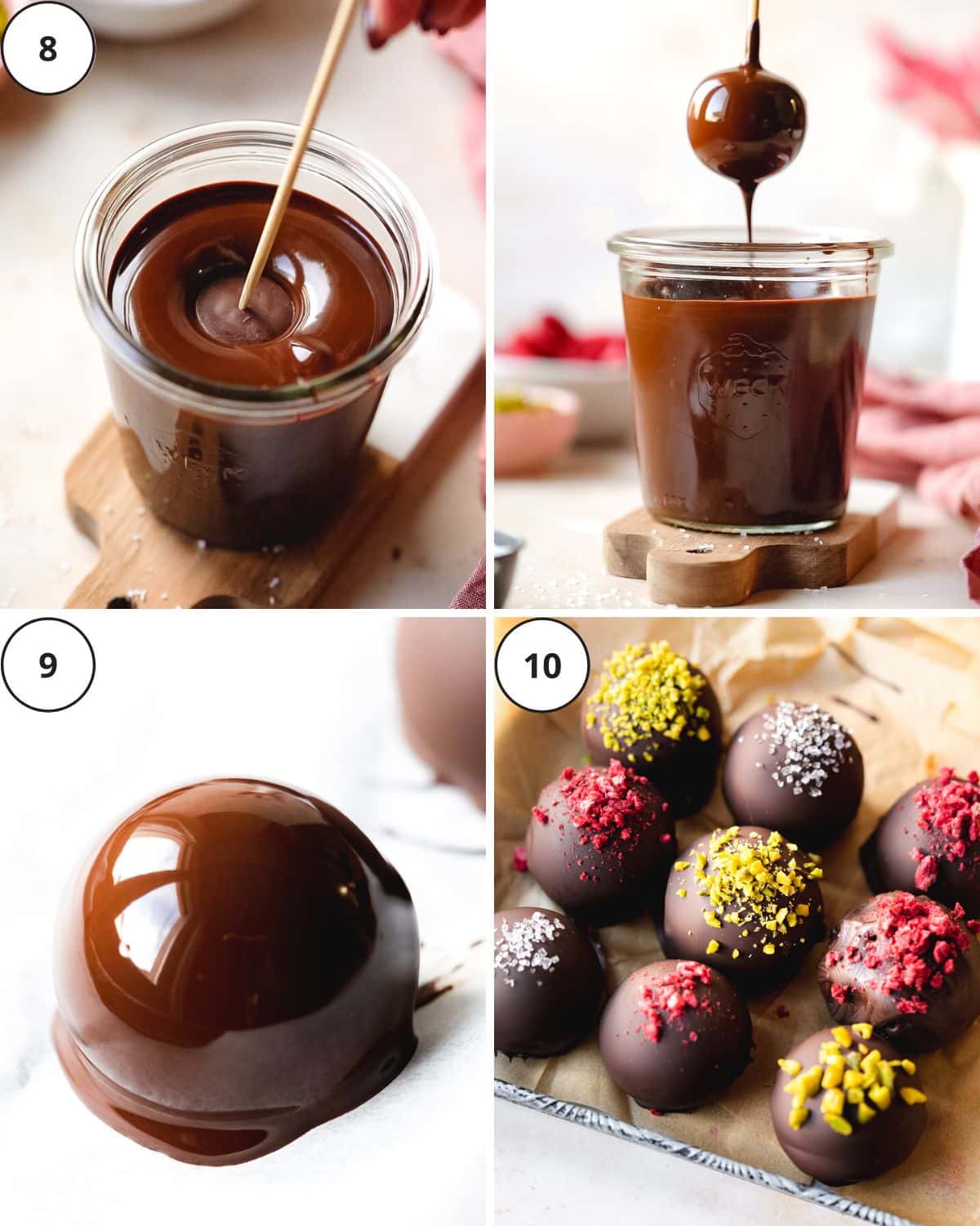 dipping chocolate truffles into a jar of melted chocolate.