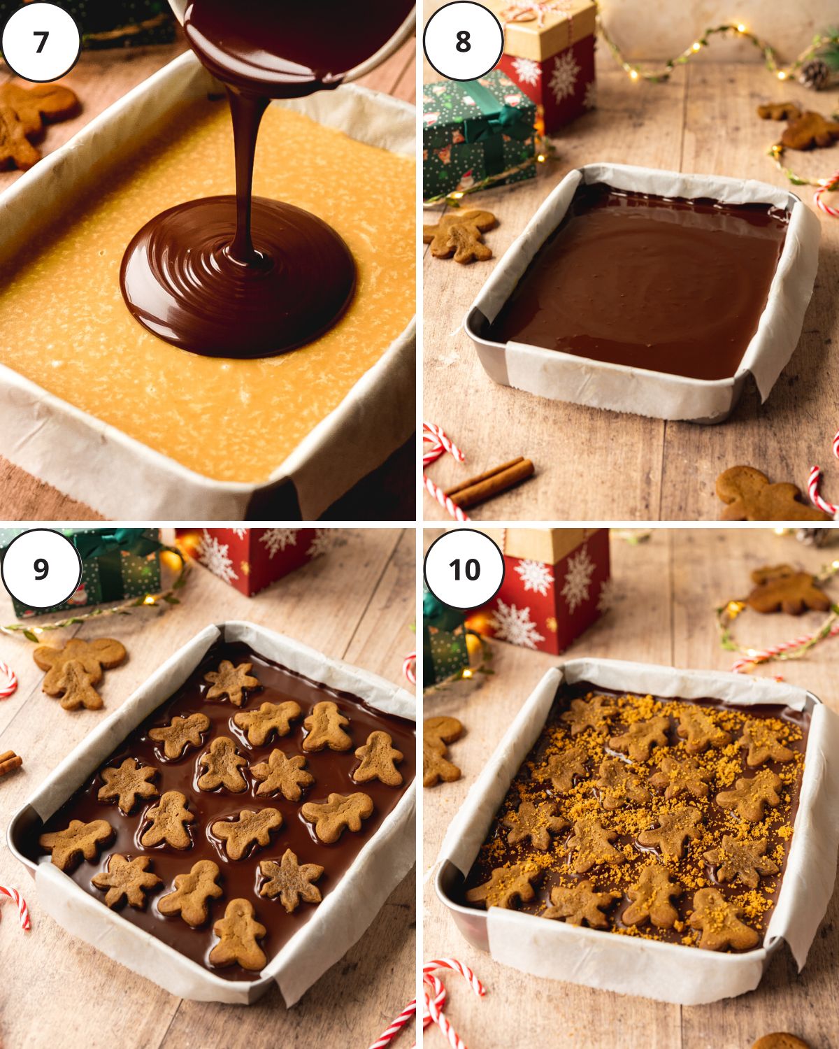 pouring chocolate on top of a caramel slice with gingerbread cookies on top.