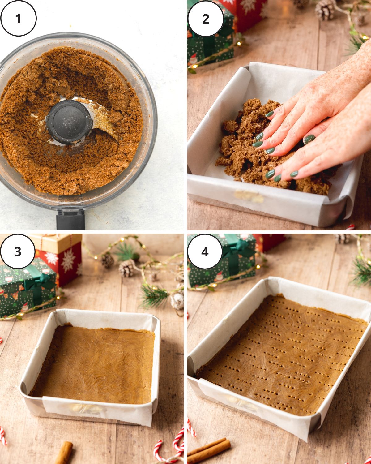 gingerbread crust in the base of a rectangular pan lined with parchment paper.