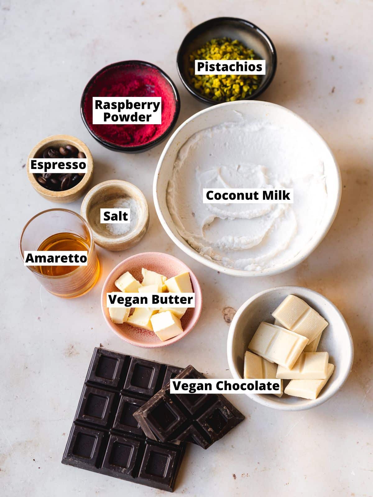 ingredients for chocolate truffles measured out in bowls.
