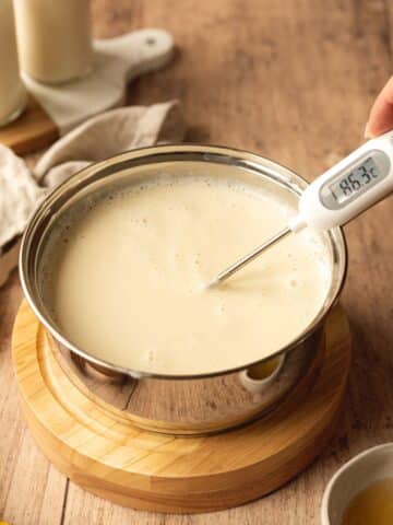 vegan mascarpone in a saucepan with a candy thermometer measuring the temperature.