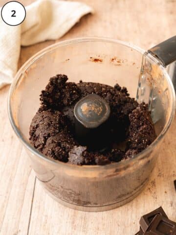 no bake brownie mixture blended up in a food processor.