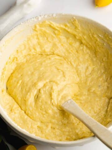 Lemon loaf batter after folding in the dry ingredients. There are a few lumps.