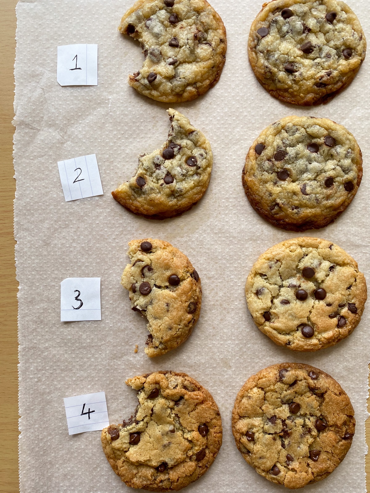 A baking tray with 4 different tests of vegan chocolate chip cookies.