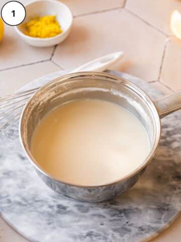 cornstarch, plantbased milk and sugar whisked together in a saucepan.