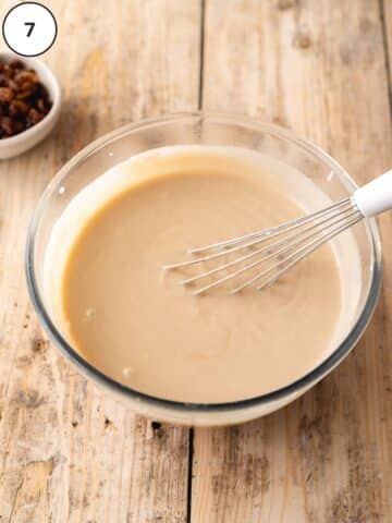 Custard and coconut cream have been whisked together until smooth.