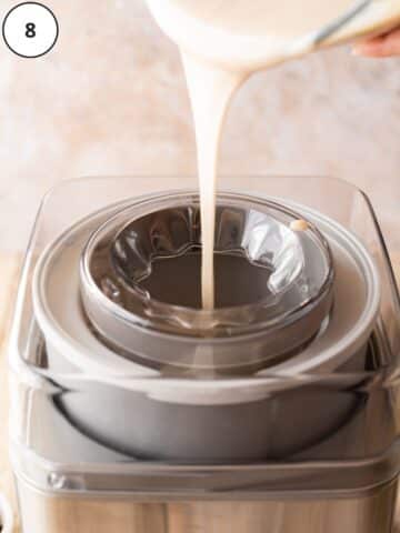 Action shot of the rum raisin ice cream base being poured into a cuisinart ice cream maker.