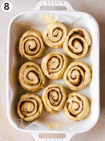 9 unproofed cinnamon rolls placed in a prepped 9x13 baking dish.