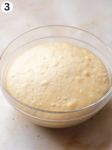 Cinnamon roll dough after first rise, the top is lightly bubbled and it has doubled in size.