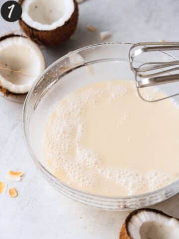 evaporated coconut milk. sweetened condensed coconut milk, and coconut water whisked together in a large mixing bowl.