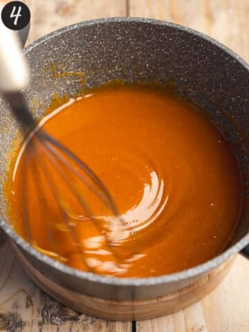 thick caramel sauce after whisking in vegan butter and cream.