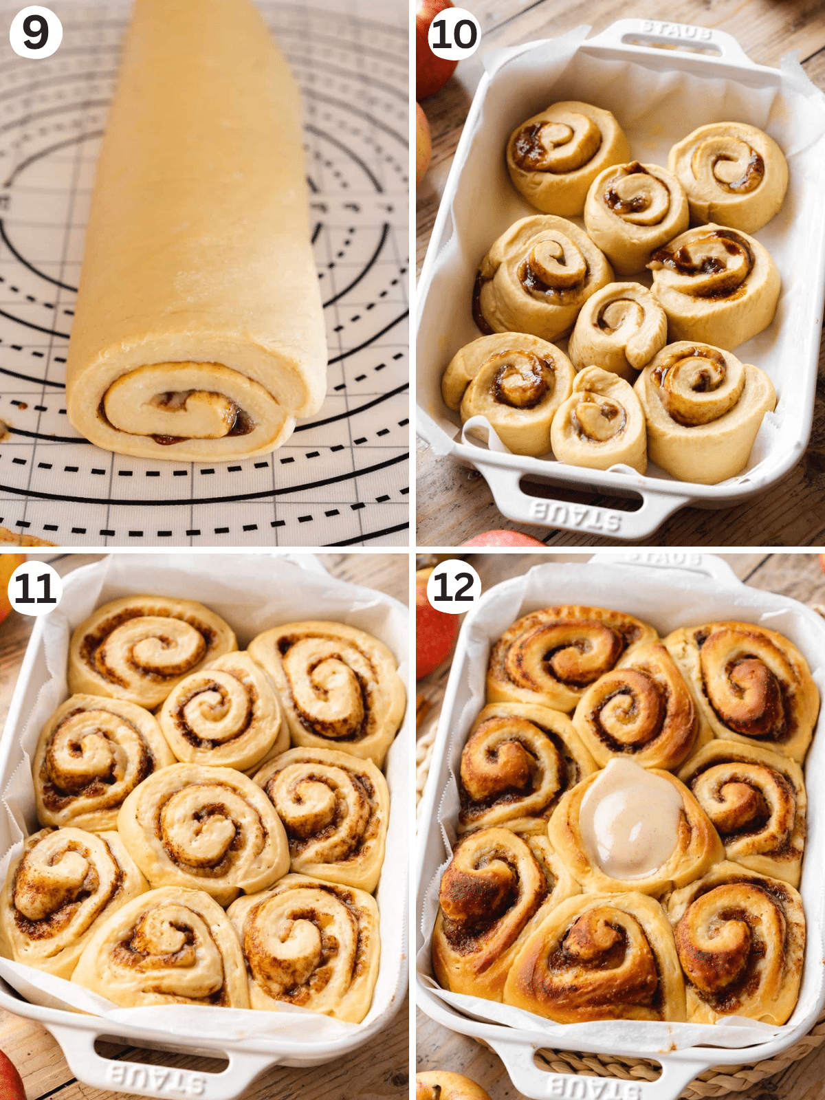 proofing apple cinammon rollos and glazing with sugar glaze after baking.
