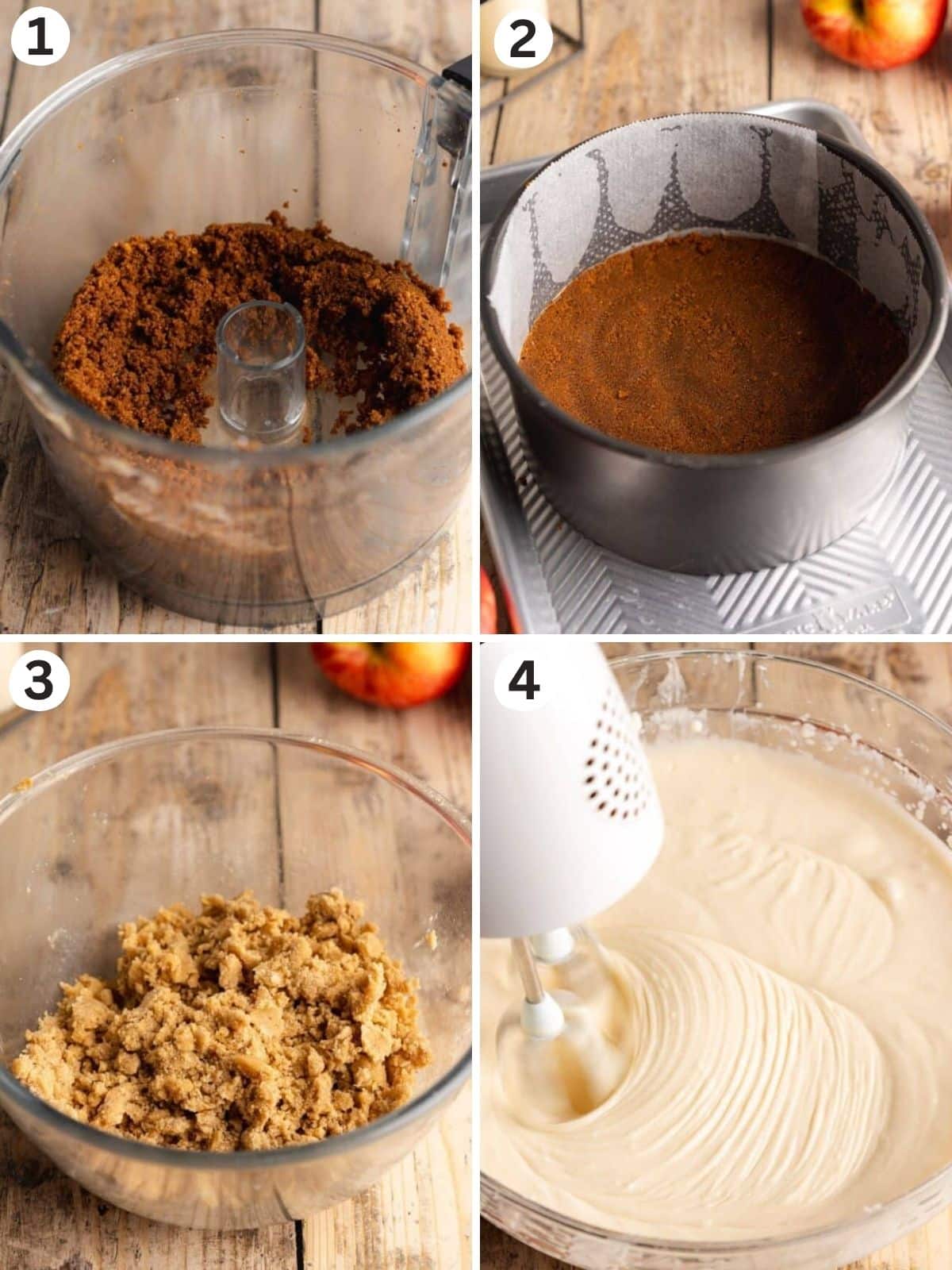 cookie crust in a food processor and pressed into a cake pan, and crumble in a bowl.