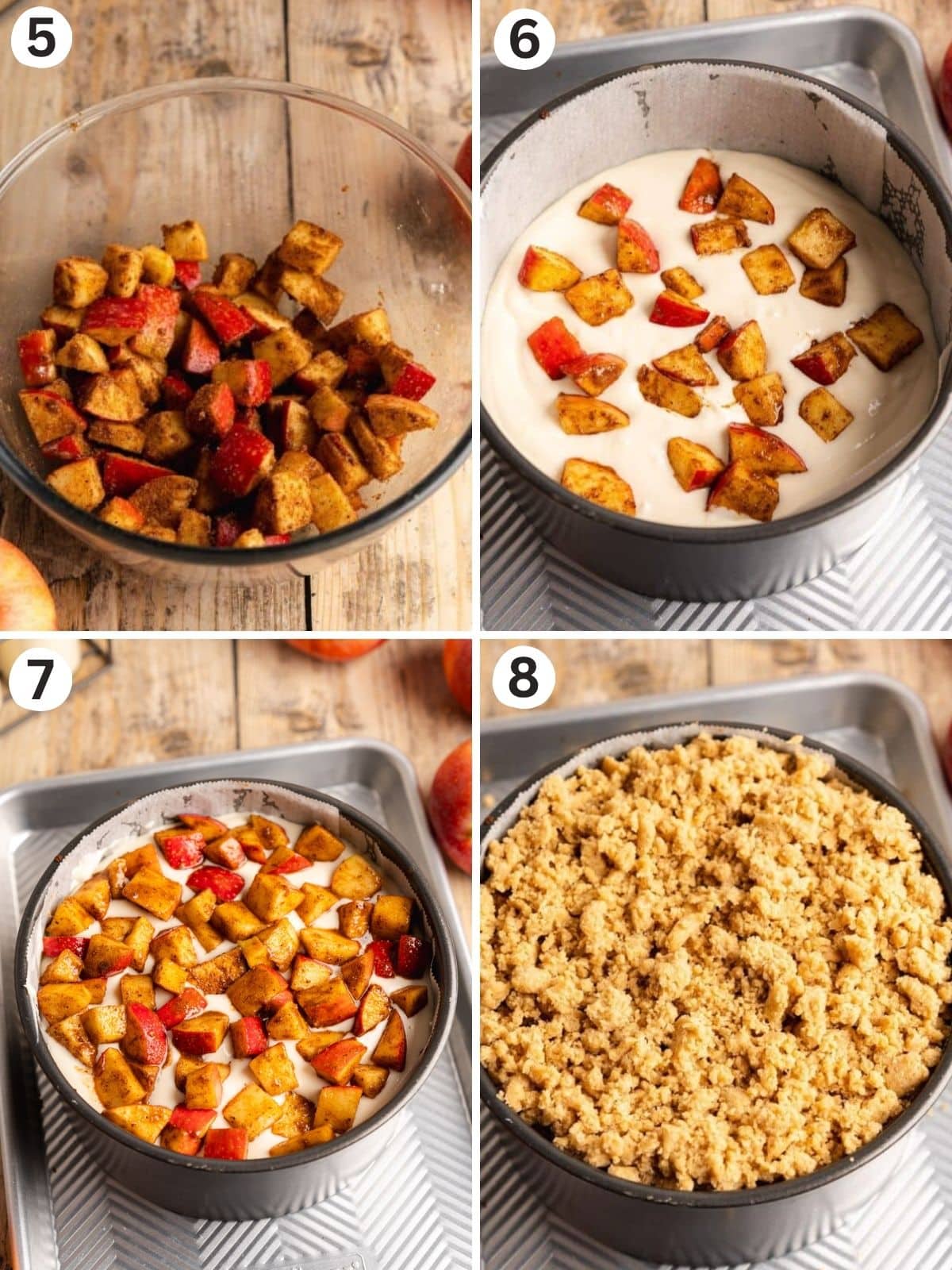 layering apples on top of vanilla cheesecake before baking.