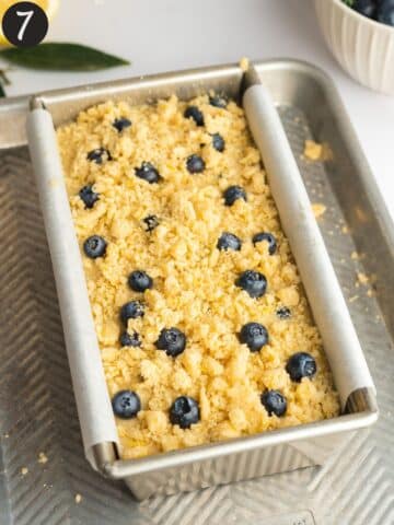 lemon blueberry loaf with streusel topping before going into the oven.