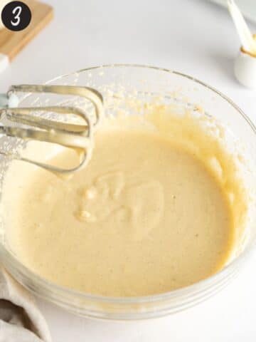 sugar, vanilla, butter, olive oil and vegan yogurt mixed in a large bowl.