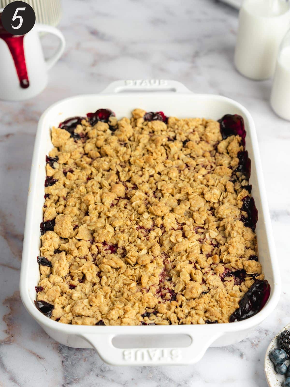berry crisp in a baking dish fresh from the oven.