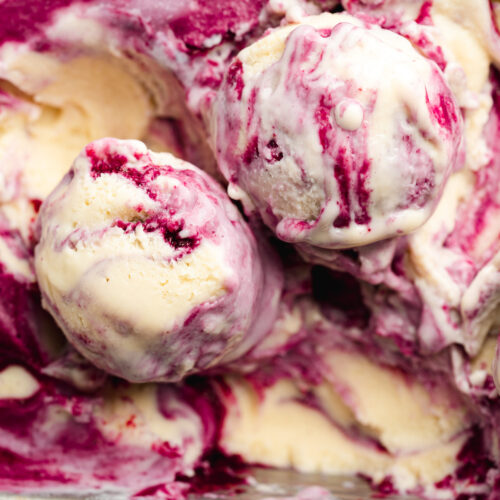 frozen yogurt with berry coulis swirl and 2 scoops sitting on top.