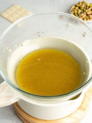 dairy-free white chocolate, vegan butter, vanilla, and salt melted over a double-boiler.