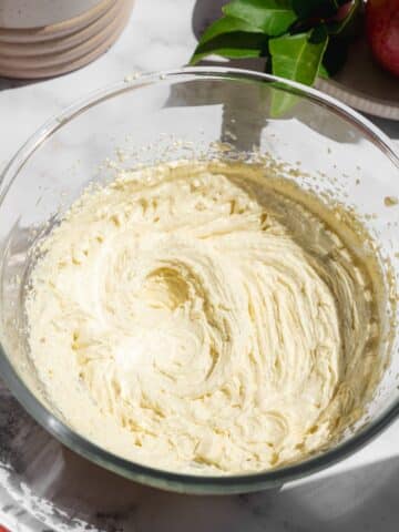 sugar, vanilla, and vegan butter whipped until fluffy in a glass mixing bowl.