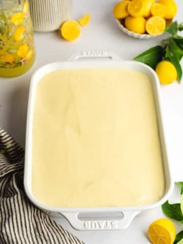 limoncello tiramisu in a baking dish before going into the fridge to set.