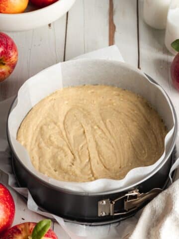 a springform pan lined with parchment paper with a layer of cake batter.