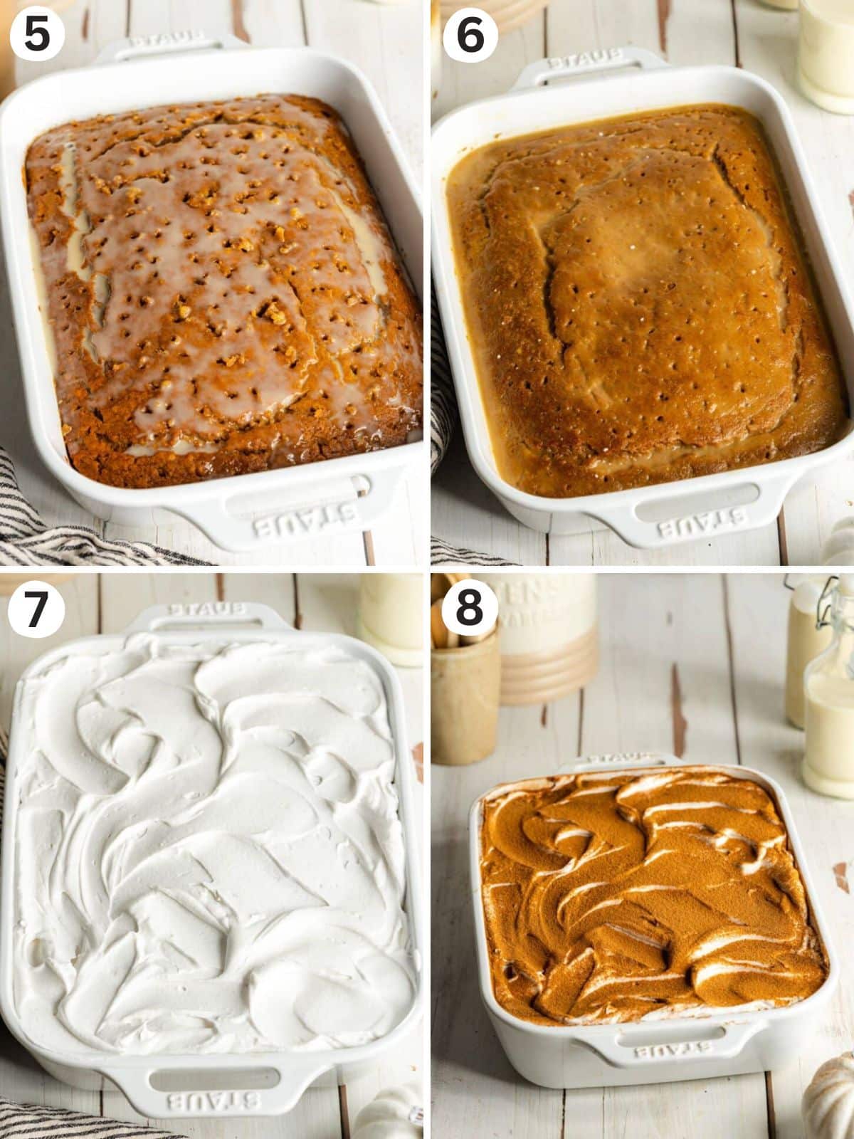 freshly baked pumpkin tres leches with several poke marks in it.