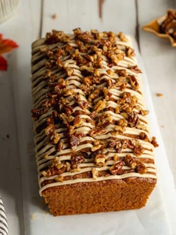 pecan bread drizzled with maple glaze and topped with crunchy pecans.