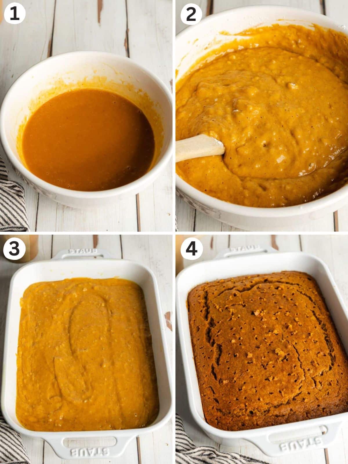 steps showing how to make the cake batter for pumpkin tres leches.