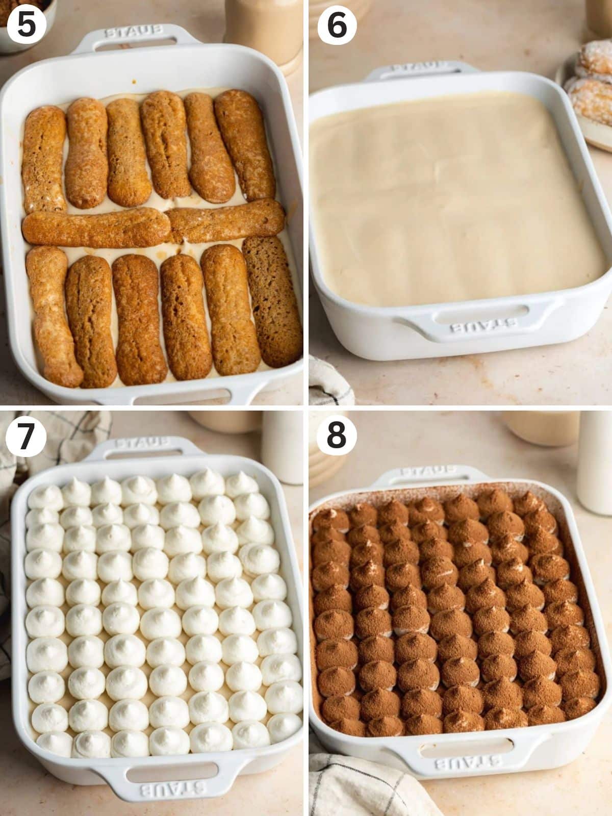 Four step-by-step photos showing the assembly of dairy-free Baileys tiramisu, from layering soaked vegan ladyfingers and smooth mascarpone-style cream to piping whipped cream and dusting with cocoa powder.