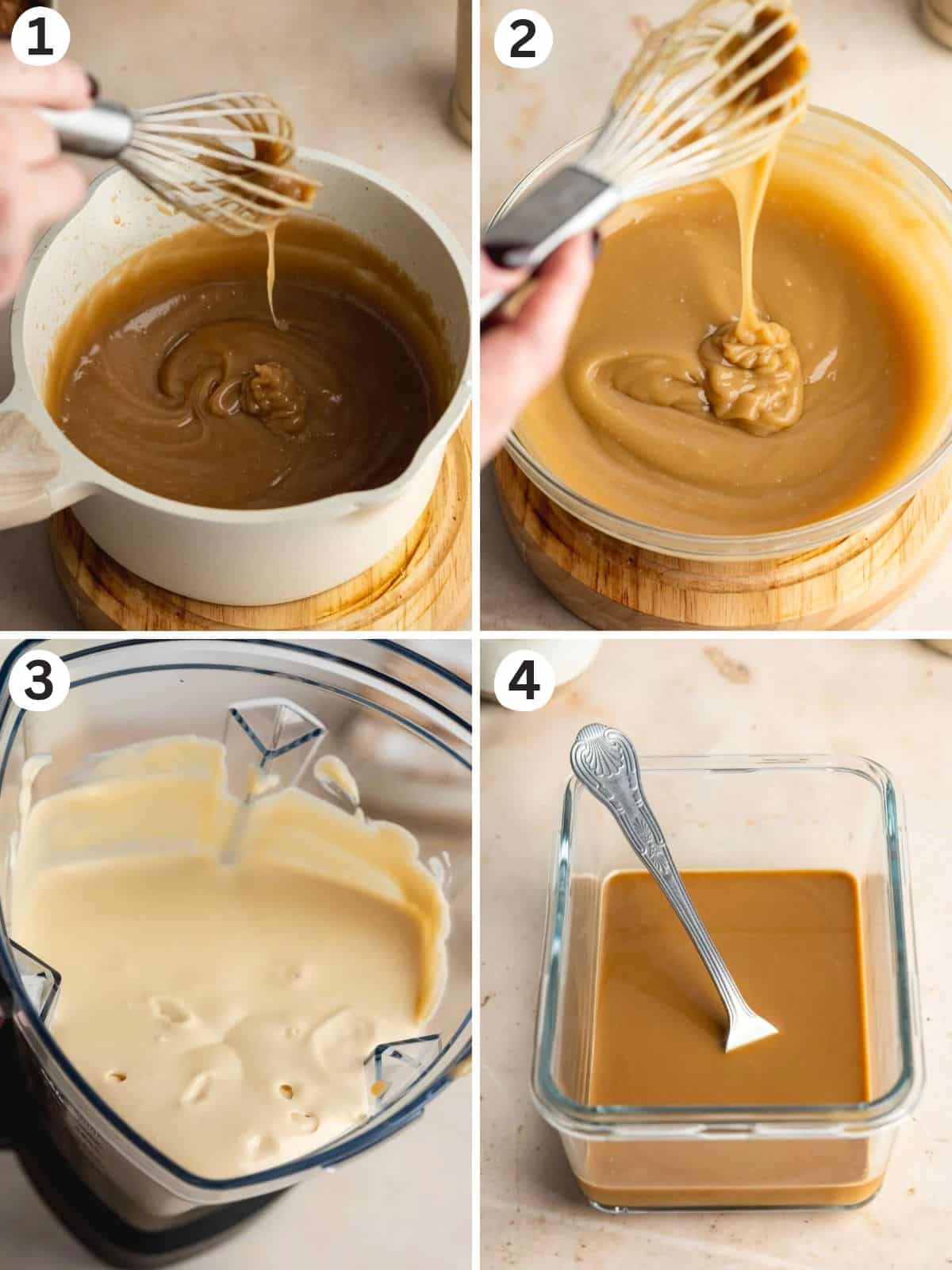 Four step-by-step photos showing the preparation of vegan Baileys tiramisu, including whisking a thick caramel-colored mixture, blending smooth dairy-free cream, and preparing the coffee soaking mixture.