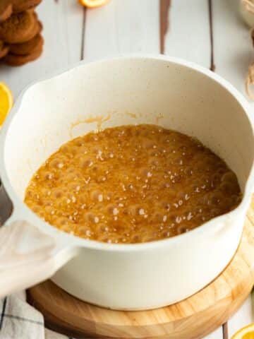 caramel sauce bubbling in a saucepan.