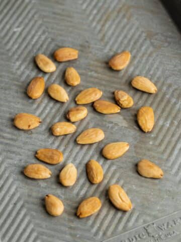 blanched almonds that have been toasted on a baking sheet.