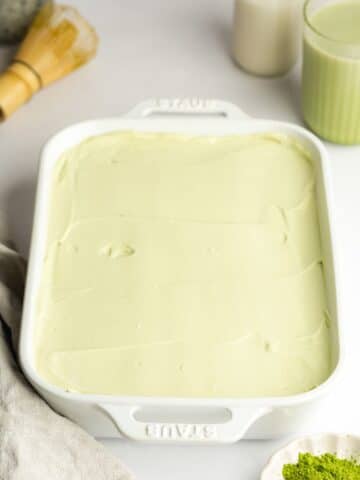 matcha tiramisu before going into the fridge to chill and set.