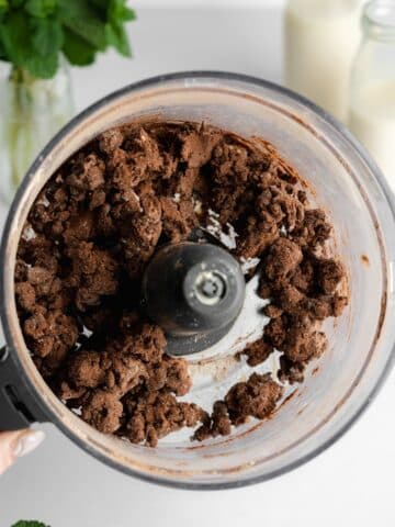 chocolate pastry dough in a food processor jug.