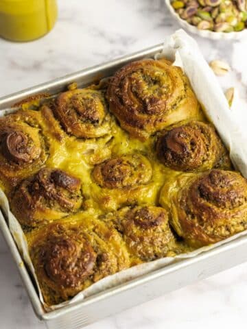 pistachio scrolls straight out of the oven before icing.