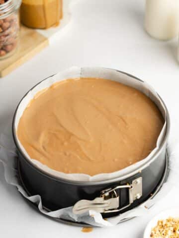 hazelnut cheesecake in a springform pan before going into the fridge to chill.