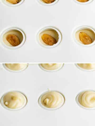 silicone truffle mold being filled with white chocolate ganache and toasted whole almonds.