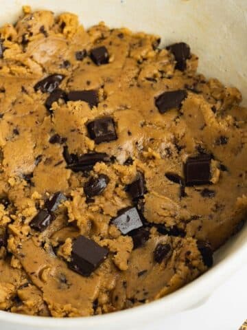 olive oil cookie dough with chocolate chunks folded throughout.