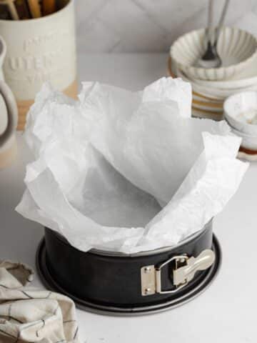 a springform pan lined with 2 sheets of parchment paper.